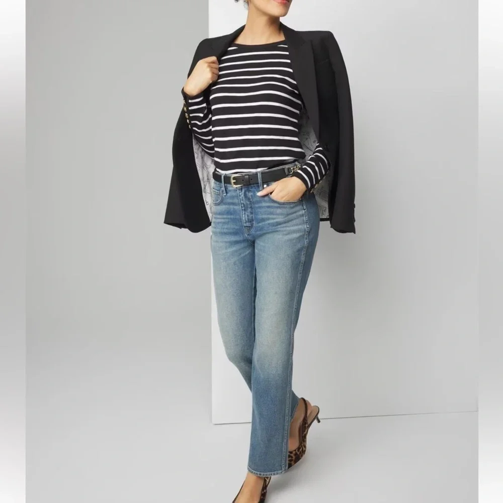 White House Black Market Striped Long Sleeve Tee with Gold Accent Buttons XXS